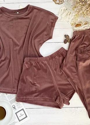 Жіноча плюшева піжама трійка, плюшевий костюм 3ка футболка + шорти + штани