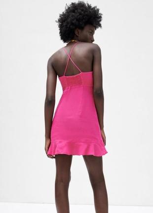 Zara яркое розовое льняное платье в наличии7 фото