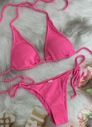 Женский жатый купальник шторка на завязках розовый1 фото