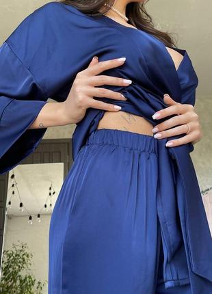 Ковковий костюм двійка, кімоно та штани, шовкова піжама, ніжний домашній костюм з накидкою, шелковый комплект кимоно и штаны6 фото