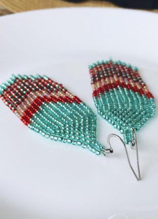 Бирюзовые серьги бахрома из бисера 5