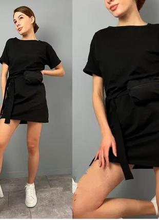 Женское летнее платье футболка с сумочкой на поясе