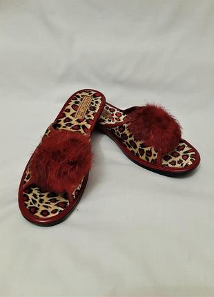 Шлёпанцы на танкетке женские домашние леопардовая расцветка-бежевая-красная бархат/мех натуральный