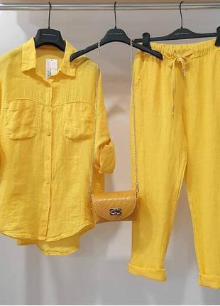 Костюм жіночий жіночий лляної лляний з льону льону штани штани вільні і + сорочка сорочка якісний жовтий жовтий жовтий1 фото