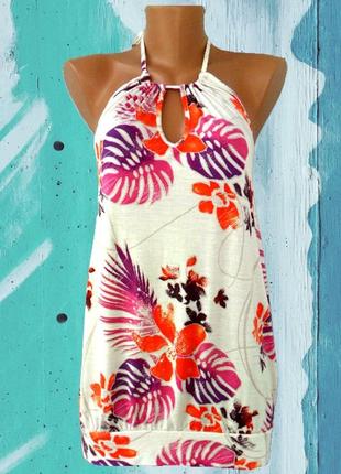 Красивая яркая летняя туника george с открытой спиной, с тропическим принтом. размер uk8(s).