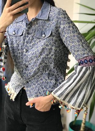 Легка куртка сорочка з вишивкою і помпонами етно бохо zara mango hm