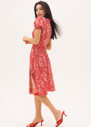 Легкое платье миди ретро с разрезом в цветы вырез каре рукава-фонарики 3 цвета3 фото