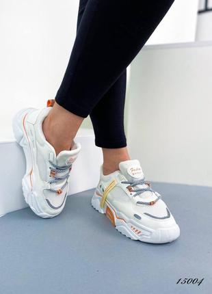 Жіночі кросівки білі+помаранчевий, еко-шкіра /текстиль6 фото