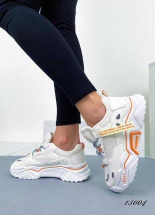 Жіночі кросівки білі+помаранчевий, еко-шкіра /текстиль5 фото
