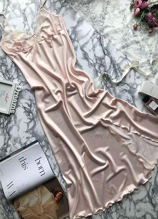 ⭐⭐⭐⭐⭐ шелковый пеньюар длинный с кружевом, ночная рубашка