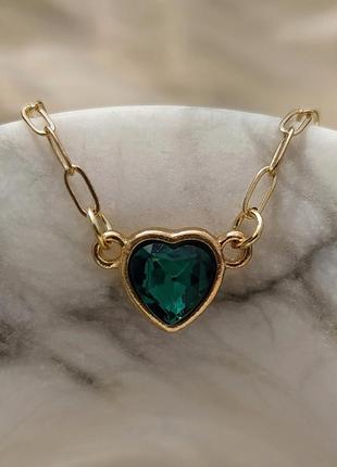 Підвіски з ланцюжком серце смарагдова
