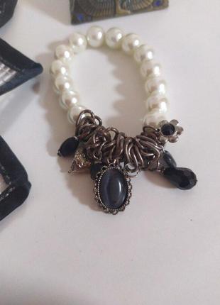 Браслет из жемчуга с ониксом винтаж