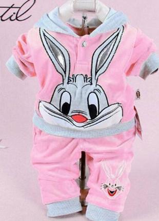 Костюм для дівчинки рожевий зайчик велюровий кофта штани