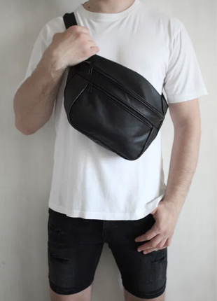 Oversize бананка кожа сумка на плече натуральная кожаная черная рюкзак слинг шкіра