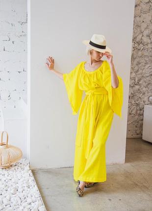 Желтое платье макси оверсайз с широкими длинными рукавами и поясом из натурального льна2 фото