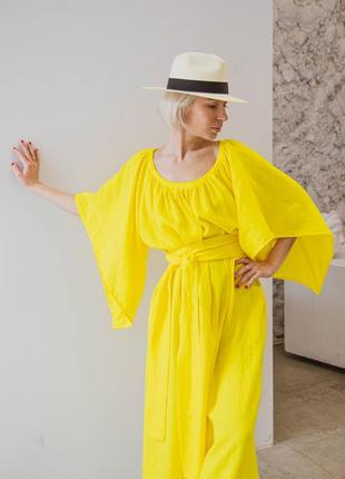 Желтое платье макси оверсайз с широкими длинными рукавами и поясом из натурального льна3 фото