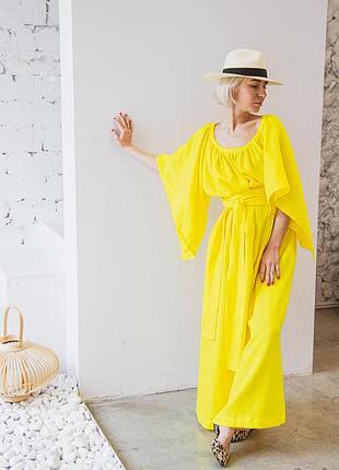 Желтое платье макси оверсайз с широкими длинными рукавами и поясом из натурального льна6 фото