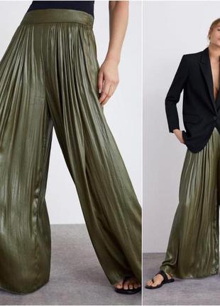 Широкие брюки штаны палаццо хаки блестящие оливковые rundholz lang cos штаны-юбка7 фото