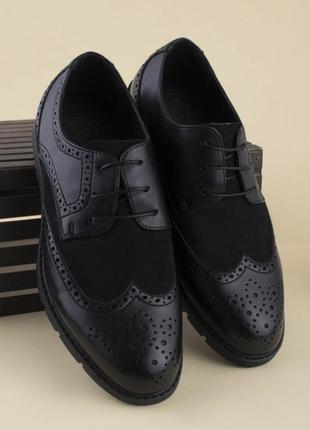 Мужские черные туфли на шнуровке эко кожа замша с дизайном1 фото