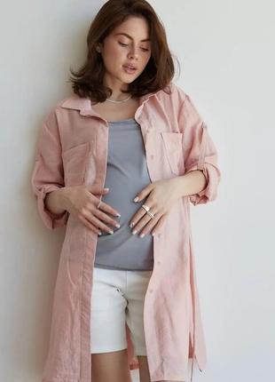 Лляна сорочка блуза для вагітних, майбутніх мам пудрова (блуза льняна для вагітних пудрова)