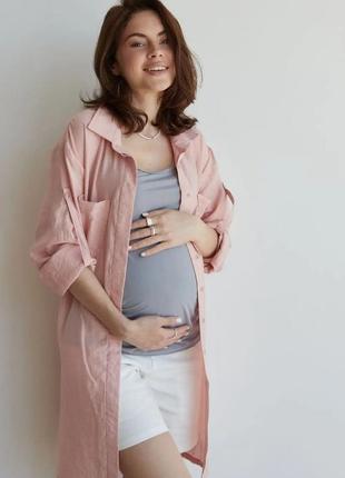 Лляна сорочка блуза для вагітних, майбутніх мам пудрова (блуза льняна для вагітних пудрова)5 фото