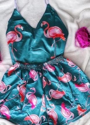 💖 женскя атласная пижама комплект шорты топик мороженое фламинго панда лиса секси шортики