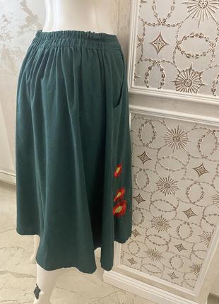 Спідниця/ юбка льняная натуральная с вышивкой зелёного цвета9 фото