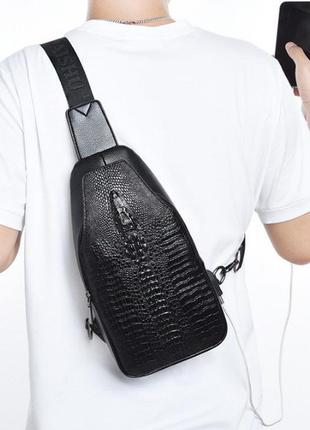 Стильная мужская сумка-бананка на грудь с крокодилом, мужская сумка слинг кросс боди на плечо3 фото