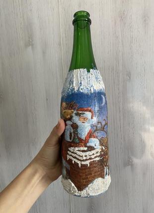 Красива пляшка сувенірна декупаж з під шампанського новорічна