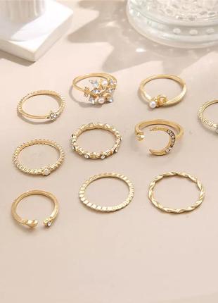 Набор колец 10 шт стильне модне трендове кольца колечка в стиле бохо золотистое кольцо с леной серцем кольцо с жемчужиной8 фото