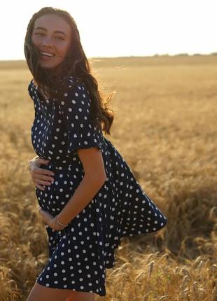 Сукня для вагітних та годуючих з секретом годування сіня в горошок (плаття для вагітних і годуючих1 фото