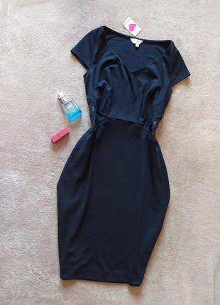 Шикарное стильное качественное платье футляр миди с кожаными вставками на талии