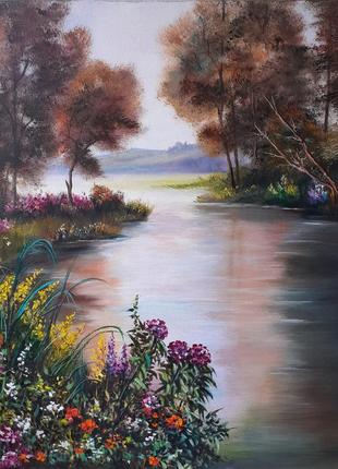 Картина маслом "цветы у реки".2 фото
