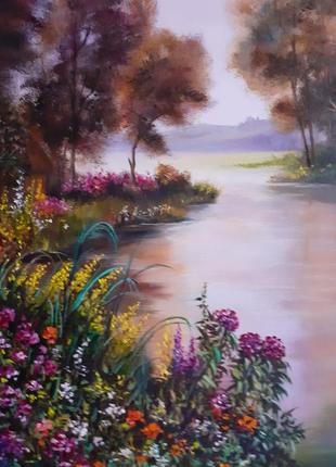 Картина маслом "цветы у реки".5 фото