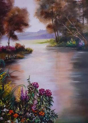 Картина маслом "цветы у реки".6 фото
