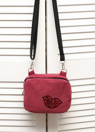 Розпродаж!маленька рожева сумка кроссбоди з нашивкою губи, джинс коттон