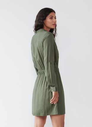 Легке плаття сорочка на гумці з віскози кольору хакі / сукня сорочка з віскози хакі3 фото