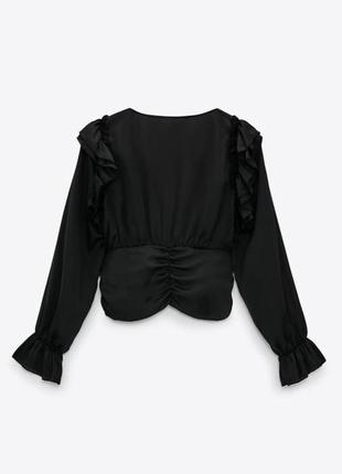 Zara блуза рубашка черная на запах с рюшами с баской женская базовая сатиновая оригинал размер xs/s в наличии zara zara4 фото