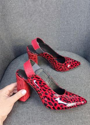 Ексклюзивні туфлі з натуральної італійської шкіри лак леопард червоні7 фото