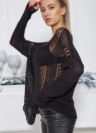 Кофта сітка/вільний чорний светр/женский ажурный свитер2 фото
