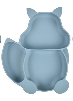 Тарелка силиконовая секционная на присоске белочка с приборами серо голубая1 фото