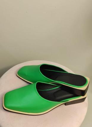 Эксклюзивные мюли из натуральной итальянской кожи зелёные трава4 фото