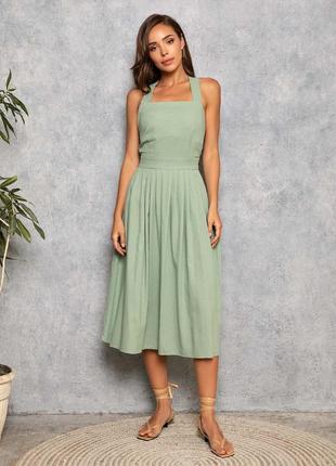 Оливковий котоновий сарафан з перехресними бретелями