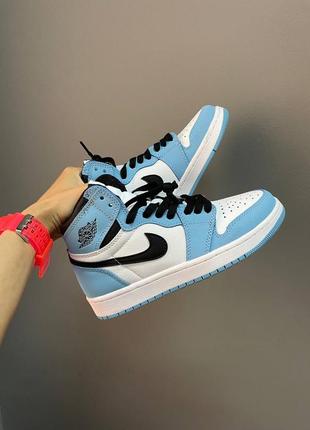 Жіночі високі шкіряні блакитні кросівки nike air jordan 1🆕 найк аір джордан