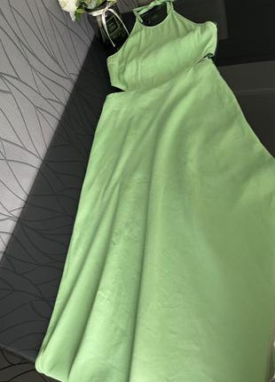 Платье zara , льняное платье zara, зелёное платье zara, платье с открытой спиной4 фото
