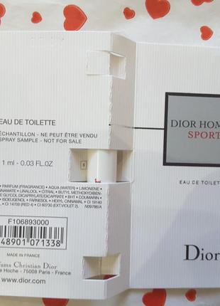 Пробник туалетной воды dior homme sport,1 ml, франция5 фото