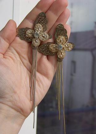 Распродажа крупные стильные серьги бабочки с цепочками и кристаллами