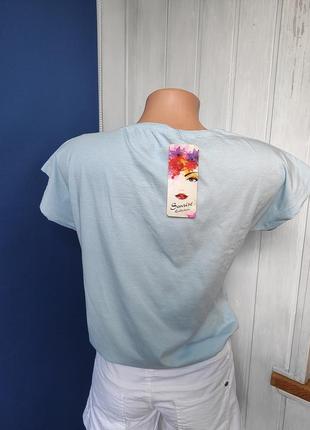 Базовая голубая женская футболка свободного крою удлиненная футболка 100% бавовна туреччина4 фото