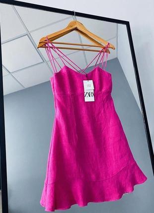 Zara яркое розовое льняное платье в наличии