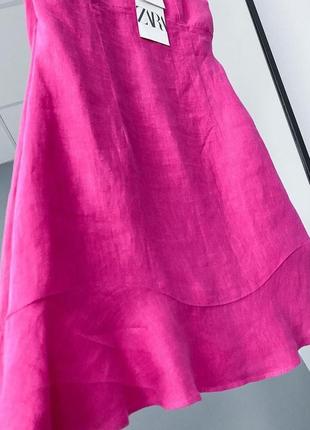 Zara яркое розовое льняное платье в наличии4 фото